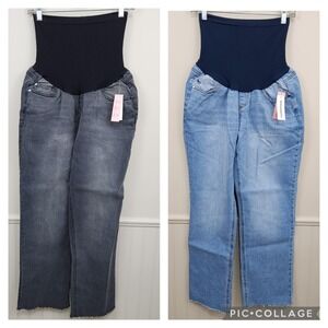New! MOTHERHOOD Maternity Secret Belly Straight Raw Hem Jeans Black Blue SZ L
